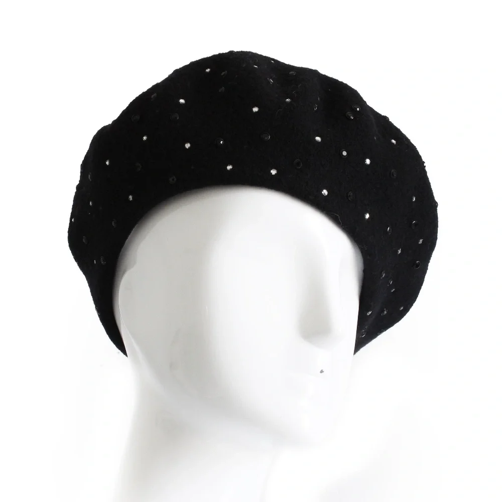 Norma Kamali OMO Hat Beret Black Wool Embellished Rare Retro Vintage 80s